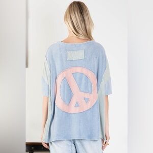 #115 New! Oversized Cotton Tee with Pocket and Peace Patchwork on back